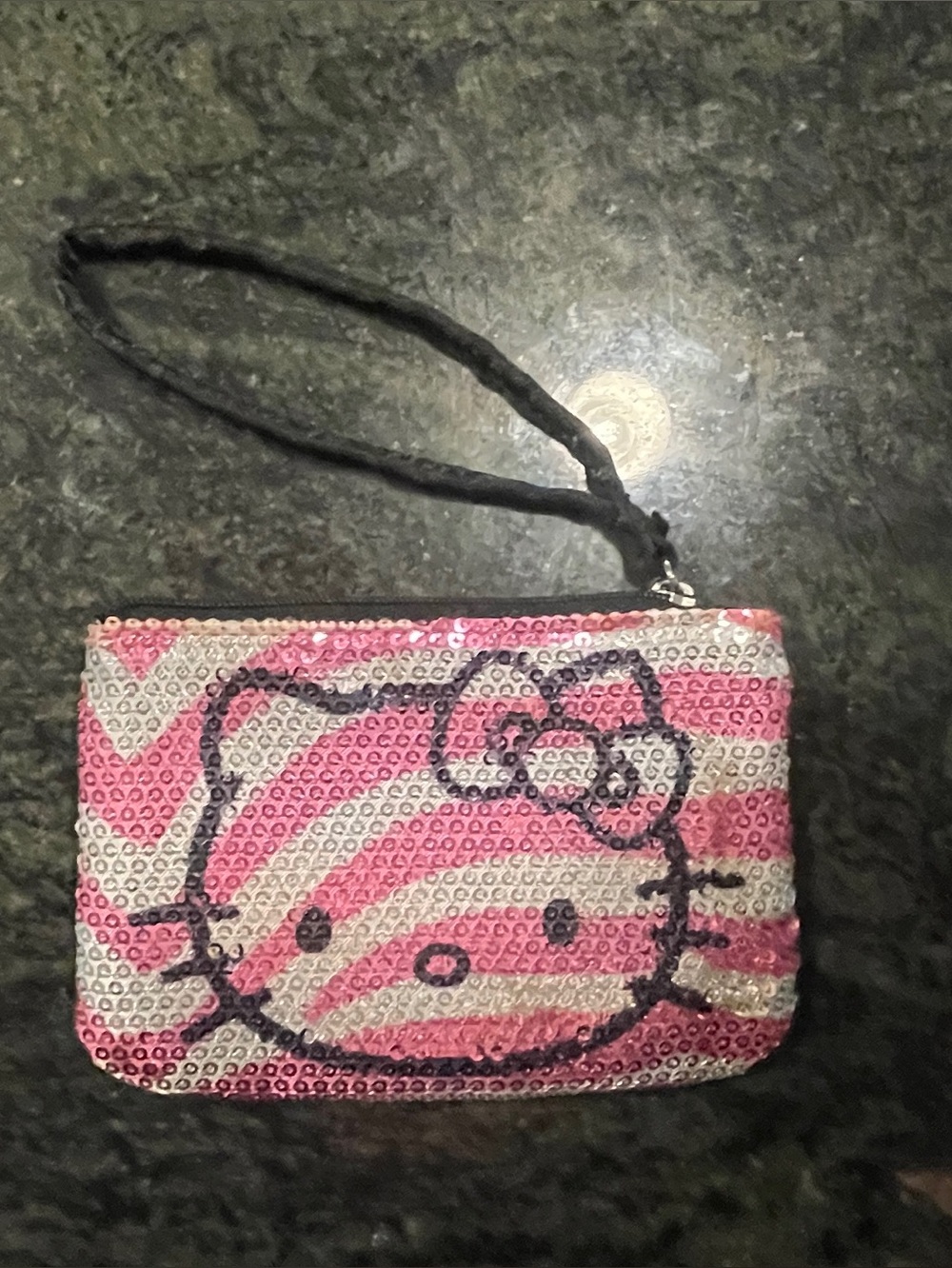 Hello Kitty Pink and Silver Sequin Wristlet Satiny Pouch with Wrist Strap